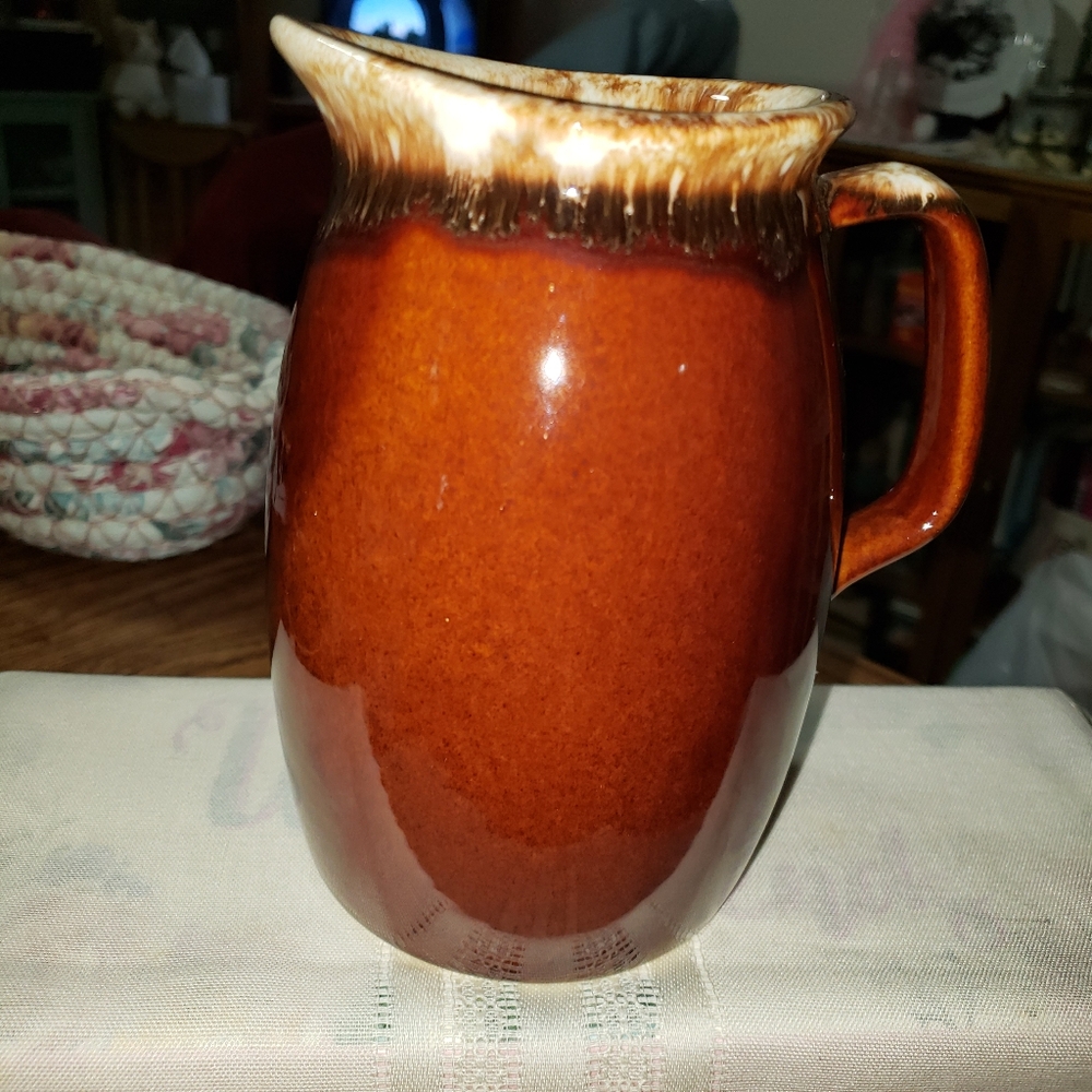 Vintage Hulls 6.5 inch tall Brown Trip Glaze Pitcher